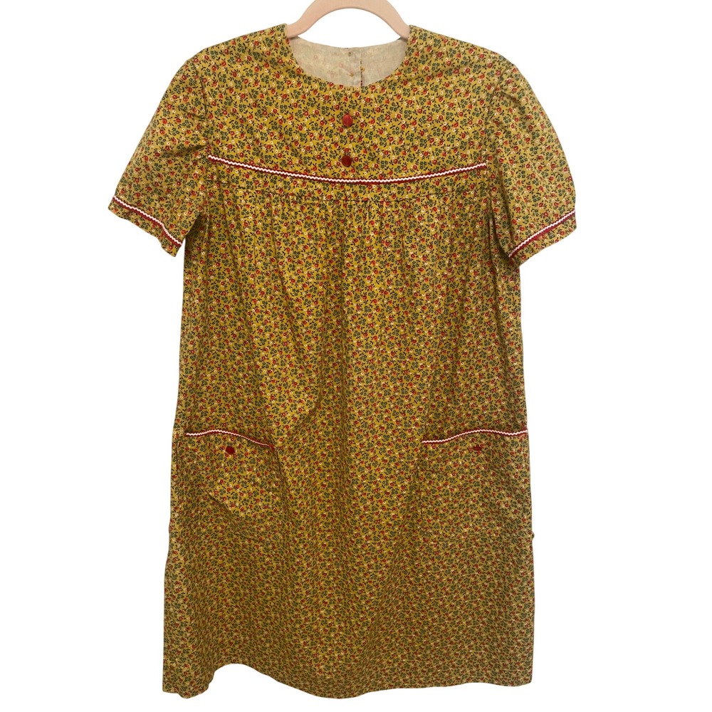Vintage Handmade House Dress Floral Mustard Yellow Rickrack Pockets